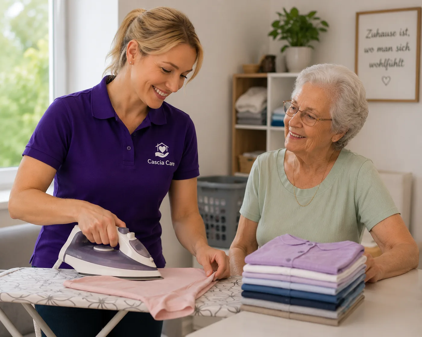 Alltagshilfe bügelt Wäsche, eine Seniorin sitzt lächelnd daneben