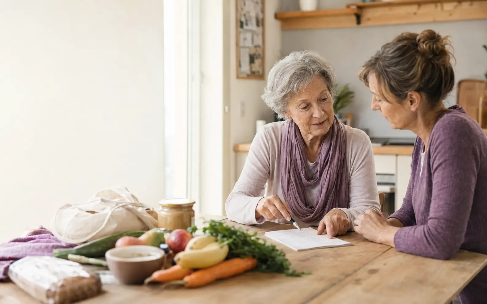 Alltagshilfe und Seniorin sitzen gemeinsam am Küchentisch