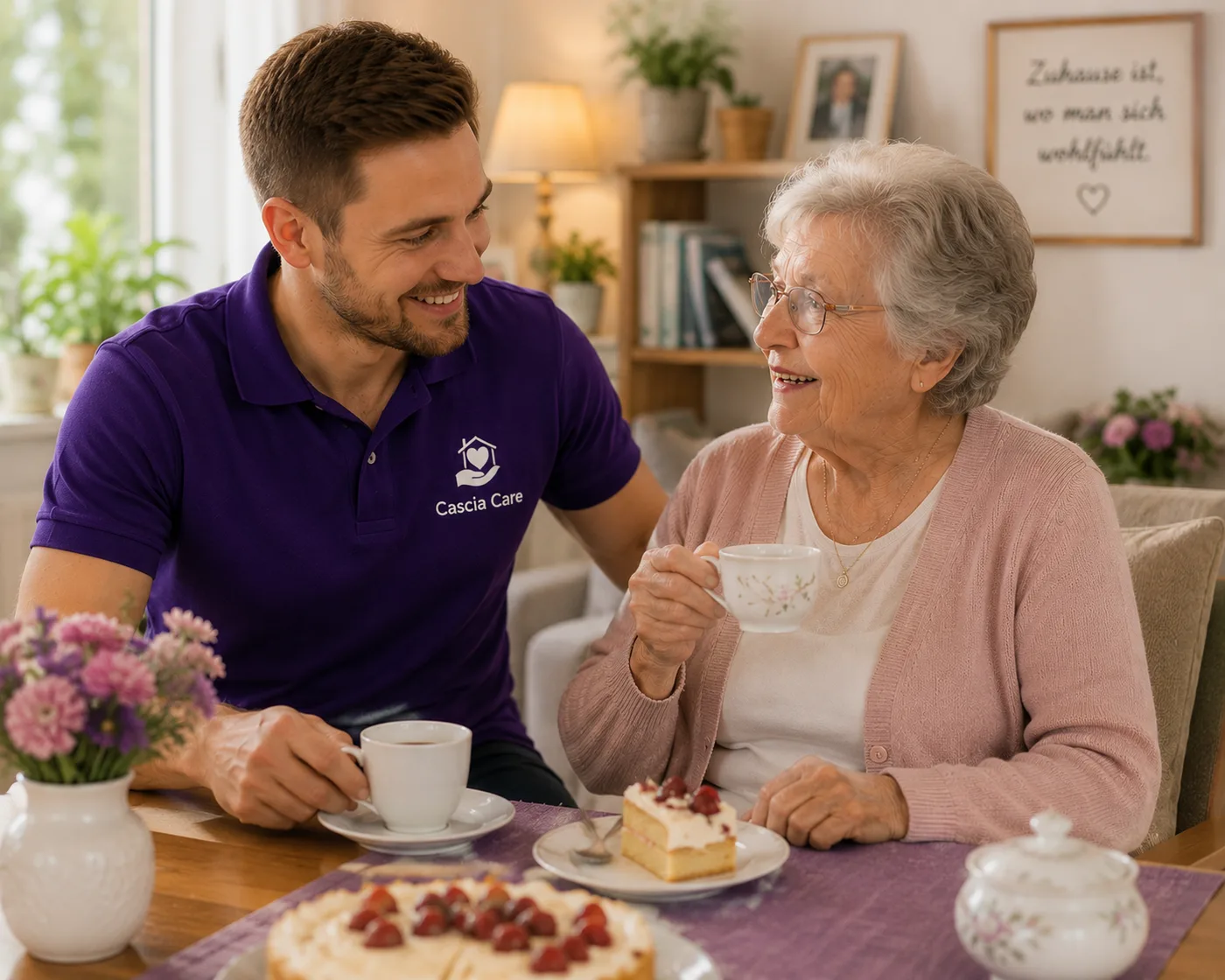 Alltagsbegleiter und Seniorin im Gespräch am Kaffeetisch